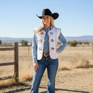 Tankaneo White Quilted Flutter Sleeve Vest with Paisley Trim and Toggle Closures